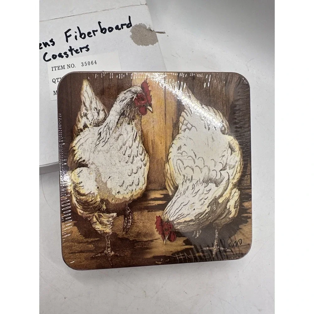 Chicken Farmhouse Coasters Set Fiberboard Rustic‎ Rooster Hen Drink Coasters